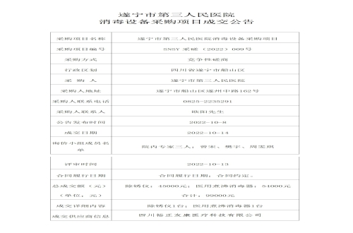 遂宁市第三人民医院消毒设备采购项目成交公告