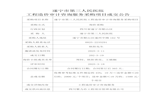 遂宁市第三人民医院 工程造价审计咨询服务采购项目成交公告