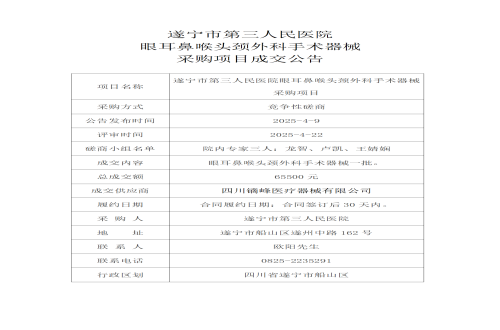 遂宁市第三人民医院 眼耳鼻喉头颈外科手术器械 采购项目成交公告