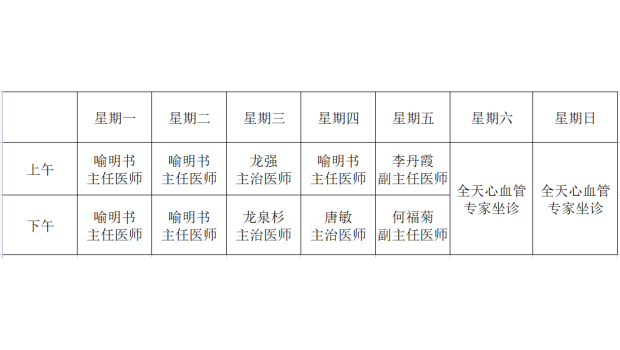 心血管内科专家门诊时间表