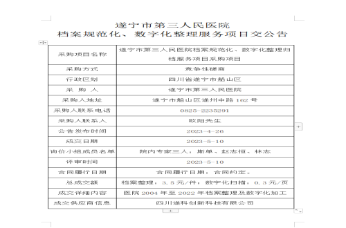 遂宁市第三人民医院档案规范化、数字化整理服务项目成交公告